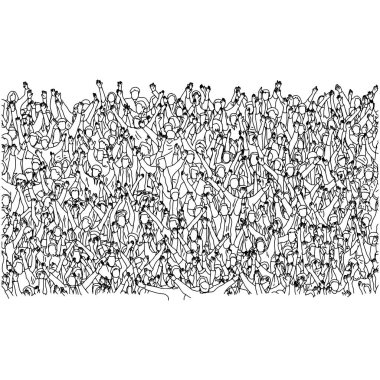 beyaz arka plan üzerinde izole siyah çizgiler le çizilmiş tezahürat vektör illüstrasyon kroki karalama el stadyumda kalabalık insanların büyük bir grup