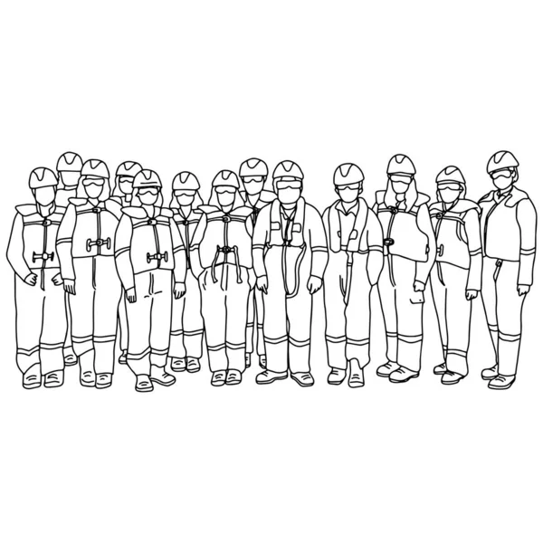 Equipo de trabajadores hombre y mujer en trajes de protección vector illustr — Vector de stock