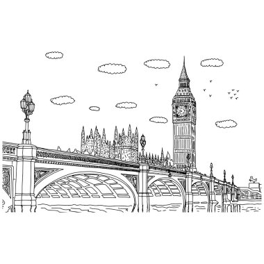 Big Ben Londra vektör illüstrasyon çizim karalama el beyaz arka plan üzerinde izole siyah çizgiler ile çizilmiş