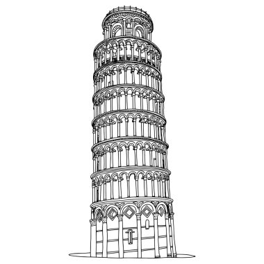 İtalya'da Pisa eğik kule vektör illüstrasyon çizim karalama el beyaz arka plan üzerinde izole siyah çizgiler ile çizilmiş