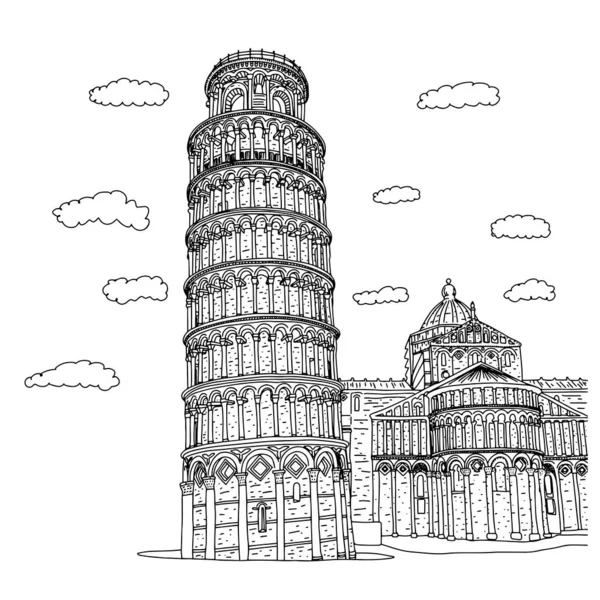 Piza tér épületek Olaszországban vektor illusztráció vázlat Doodle kézzel rajzolt fekete vonalak elszigetelt fehér háttér — Stock Vector