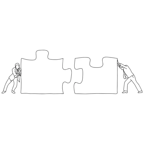 Два бизнесмена соединяют два кусочка головоломки вместе векторные иллюстрации рисунок каракули руки нарисованы черными линиями изолированы на белом фоне — стоковый вектор
