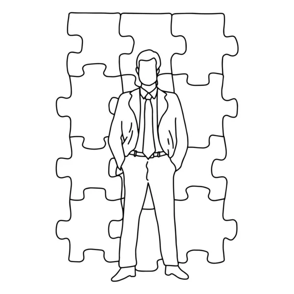 Бизнесмен, стоящий перед векторной иллюстрацией головоломки рисунок рисунок каракули с черными линиями, изолированными на белом фоне — стоковый вектор