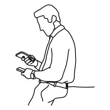 beyaz arka plan üzerinde izole siyah çizgiler ile çizilmiş iki cep telefonu vektör illüstrasyon çizim karalama el tutan işadamı