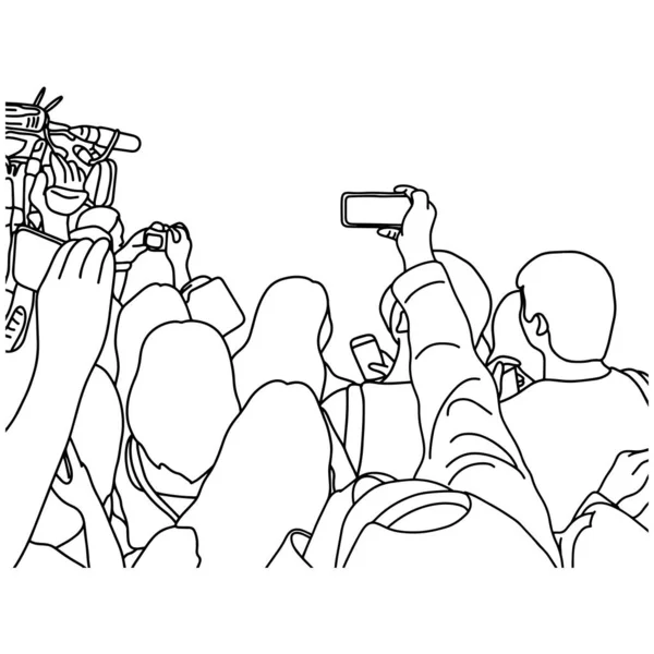 Repórter entrevista com celular e copyspace vetor ilustração esboço doodle mão desenhada com linhas pretas isolado no fundo branco — Vetor de Stock