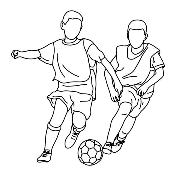 Zwei Jungen spielen Fußball zusammen Vektor Illustration Skizze Doodle Hand mit schwarzen Linien isoliert auf weißem Hintergrund gezeichnet — Stockvektor