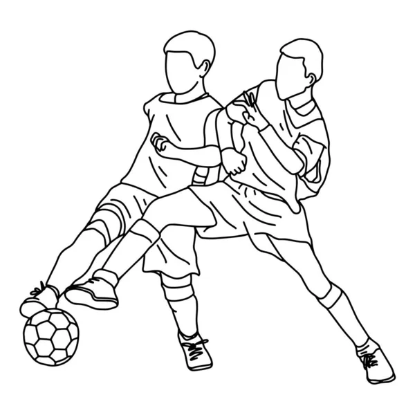 Twee jongens vechten Soccer samen vector illustratie schets doodle hand getekend met zwarte lijnen geïsoleerd op witte achtergrond — Stockvector