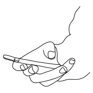 yakın çekim sağ el tutan cep telefonu vektör illüstrasyon çizim karalama el beyaz arka plan üzerinde izole siyah çizgiler ile çizilmiş