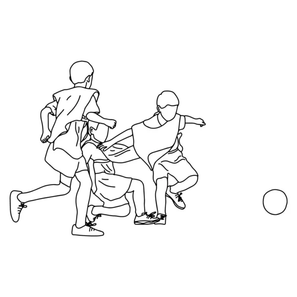 Tres chicos luchando fútbol juntos vector ilustración bosquejo garabato mano dibujada con líneas negras aisladas sobre fondo blanco — Archivo Imágenes Vectoriales