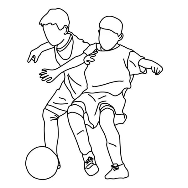 Due ragazzi che giocano a calcio vettore illustrazione schizzo mano scarabocchio disegnato con linee nere isolate su sfondo bianco — Vettoriale Stock