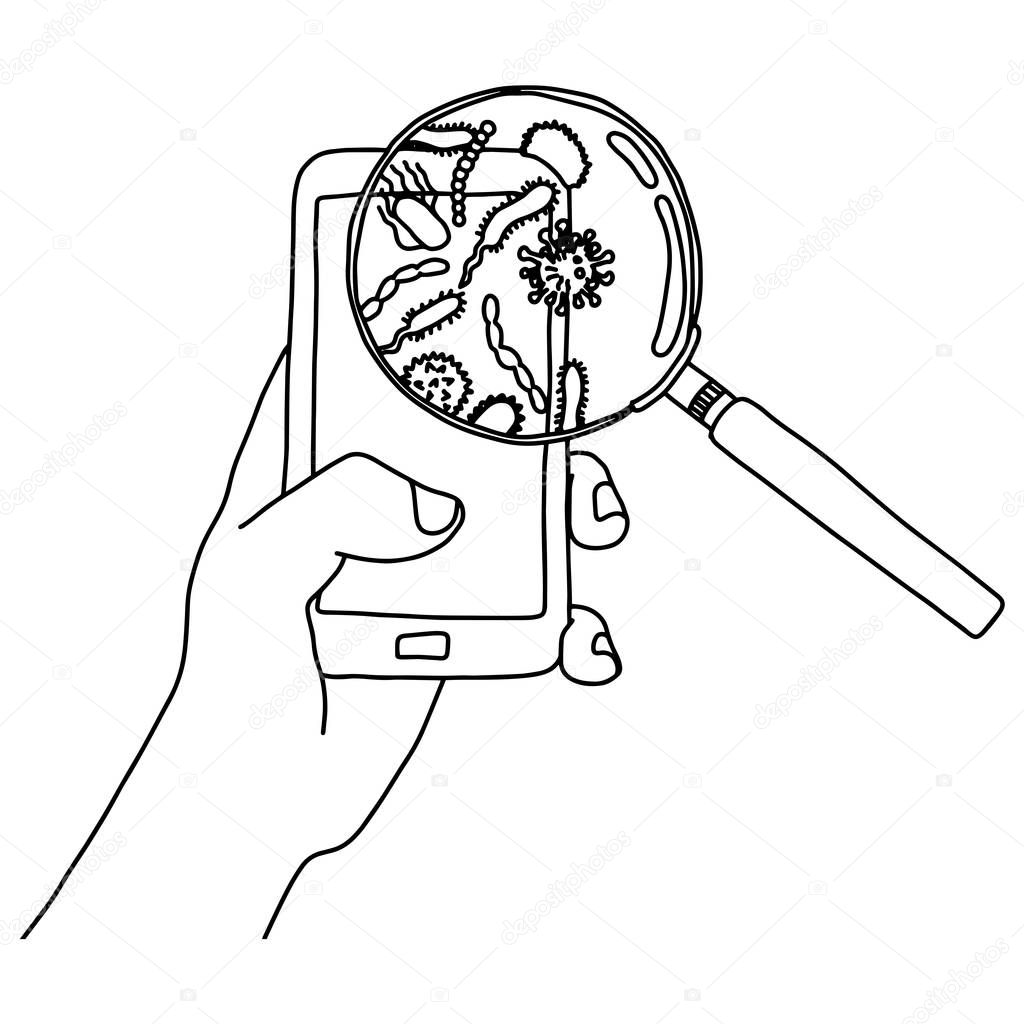 hand holding mobile phone with germs in magnifying glass vector illustration sketch doodle hand drawn with black lines isolated on white background