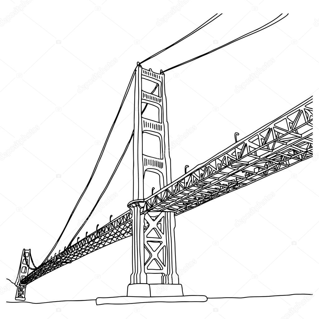 golden gate bridge vector illustration sketch doodle hand drawn with black lines isolated on white background