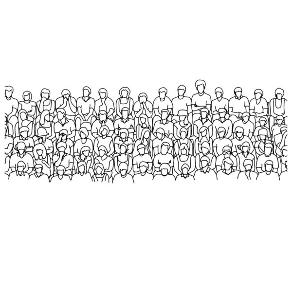 пять линий людей, сидящих на векторной иллюстрации стадиона набросок каракули руки с черными линиями, изолированными на белом фоне
