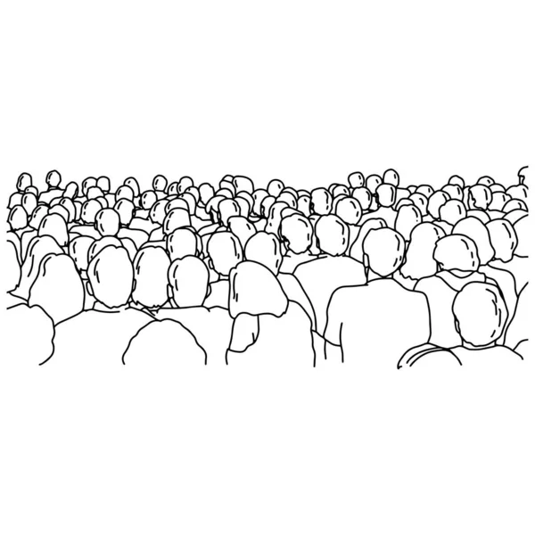 白い背景に隔離された黒い線で描かれたパフォーマンスベクトルイラストスケッチ落書き手を見ている人々のバックビュー — ストックベクタ