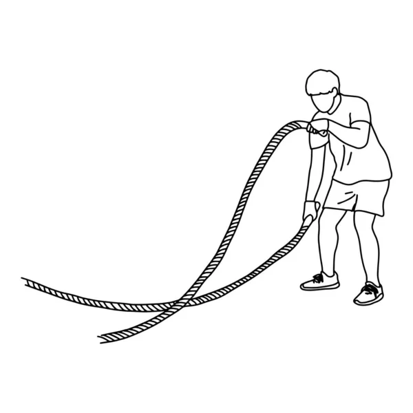 Чоловік з бойовою мотузкою робить вправи Векторні ілюстрації ескіз каракуля рука намальована чорними лініями ізольовані на білому тлі — стоковий вектор
