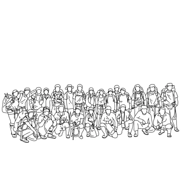 Vinte e quatro pessoas em grupo antes de trekking na floresta vetor ilustração esboço doodle mão desenhada com linhas pretas isoladas no fundo branco — Vetor de Stock
