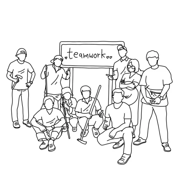 Neun Personen in der Gruppe halten Werkzeuge mit dem Wort Teamwork im Schild hinter sich Vektor Illustration Skizze Doodle Hand mit schwarzen Linien auf weißem Hintergrund isoliert gezeichnet — Stockvektor