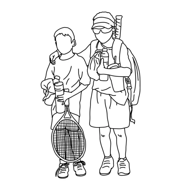 Twee gelukkige kinderen poseren met tennisrackets vector illustratie schets doodle hand getekend met zwarte lijnen geïsoleerd op witte achtergrond — Stockvector