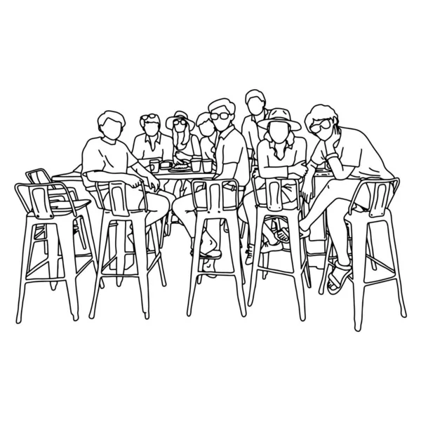 Negen mensen zittend op hoge stoel in de vergadering vector illustratie schets doodle hand getekend met zwarte lijnen geïsoleerd op witte achtergrond — Stockvector