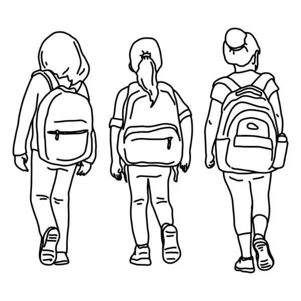 Vista posteriore di tre studenti ragazza vettore illustrazione schizzo scarabocchio mano disegnata con linee nere isolate su sfondo bianco — Vettoriale Stock