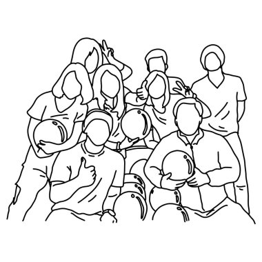 birlikte bowling oynayan sekiz kişi vektör illüstrasyon kroki karalama el beyaz arka plan üzerinde izole siyah çizgiler ile çizilmiş