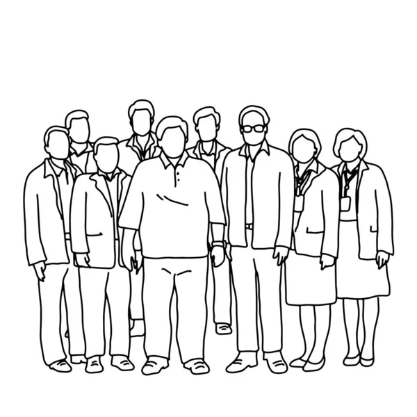 Zeven zakenlieden en twee zakenvrouwen staande samen vector illustratie schets doodle hand getekend met zwarte lijnen geïsoleerd op witte achtergrond. Teamwork concept. — Stockvector