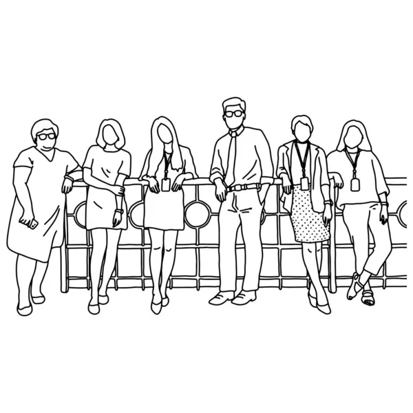 One businessman and five businesswomen standing together vector illustration sketch doodle hand drawn with black lines isolated on white background. Teamwork concept. — Stock Vector