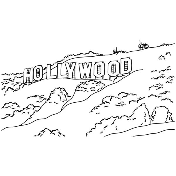  Popüler yazıt Hollywood Sign vektör illüstrasyon çizim karalama el beyaz arka plan üzerinde izole siyah çizgiler ile çizilmiş