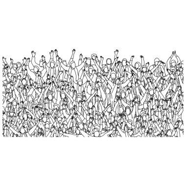 beyaz arka plan üzerinde izole siyah çizgiler ile çizilmiş stadyum vektör illüstrasyon kroki karalama el ellerini kaldırarak insanların kalabalık.