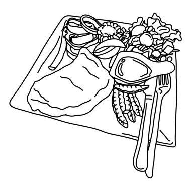 çatal ve kaşık vektör illüstrasyon çizim karalama el beyaz arka plan üzerinde izole siyah çizgiler ile çizilmiş çanak biftek