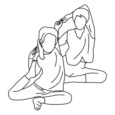 genç kadın ve kızı birlikte yoga yapıyor vektör illüstrasyon kroki karalama el beyaz arka plan üzerinde izole siyah çizgiler ile çizilmiş