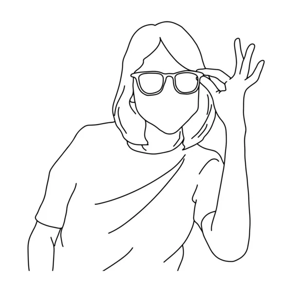 Poloviční portrét ženy přidržené brýle vektorový obrázek náčrt podpačník rukou nakreslený s černými čarami izolovanými na bílém pozadí — Stockový vektor