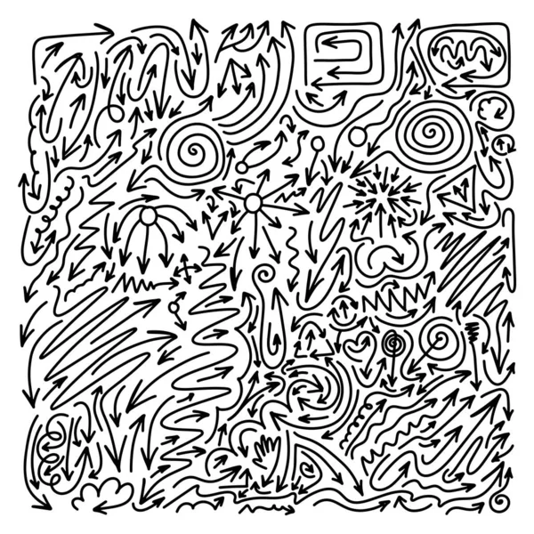 Διάφορα σχήματα του βέλους που διανυσματική εικονογράφηση σκίτσο doodle χέρι με μαύρες γραμμές που απομονώνονται σε λευκό φόντο — Διανυσματικό Αρχείο