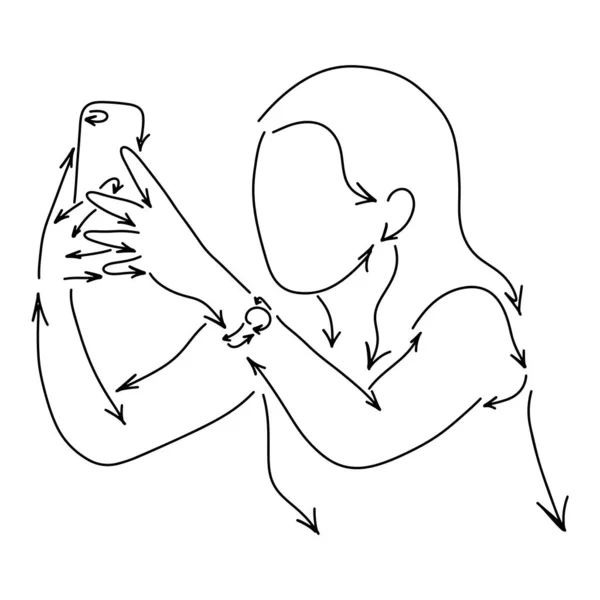 Mujer usando el teléfono móvil hecho de flecha vector ilustración bosquejo garabato mano dibujada con líneas negras aisladas sobre fondo blanco — Archivo Imágenes Vectoriales
