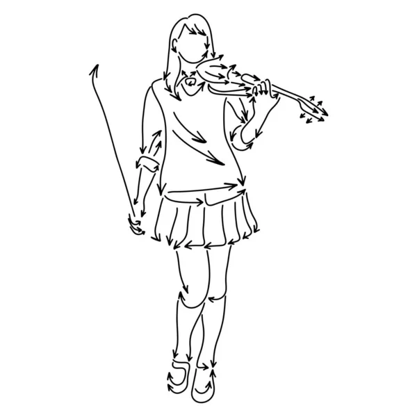 여자 재생 바이올린 벡터 일러스트 스케치 낙서 손으로 그려진 검정 선 에 흰색 배경 — 스톡 벡터