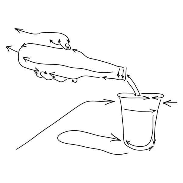 Mano versando acqua dalla bottiglia su vetro fatto da freccia vettore illustrazione schizzo mano doodle disegnato con linee nere isolate su sfondo bianco — Vettoriale Stock