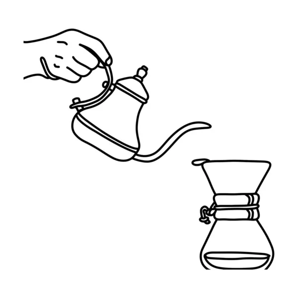 Рука тримає стародавній чайний горщик, що ллється на старовинній чашці Векторні ілюстрації ескіз каракуля рука намальована чорними лініями ізольовані на білому тлі — стоковий вектор