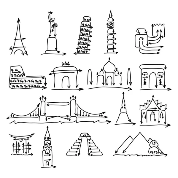 World landmärken skyltar som gjorts från pil vektor illustration skiss Doodle hand dragen med svarta linjer isolerade på vit bakgrund — Stock vektor