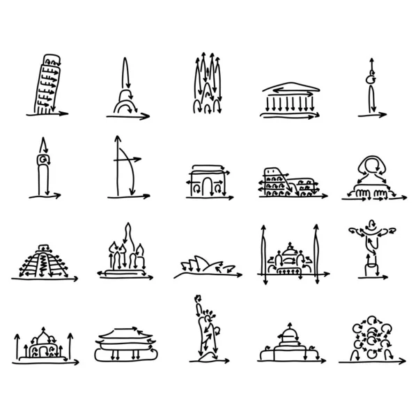 Set of world landmarks signs made from arrow vector illustration sketch doodle hand drawn with black lines isolated on white background — Stock Vector