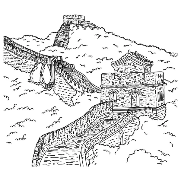 Grande muraille de porcelaine vectorielle illustration croquis gribouille dessinée à la main avec des lignes noires isolées sur fond blanc — Image vectorielle