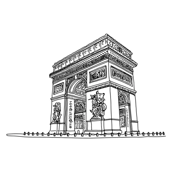 Arco del Triunfo o Arco Triunfo de la Estrella en Francia ilustración vectorial boceto garabato dibujado a mano con líneas negras aisladas sobre fondo blanco — Vector de stock