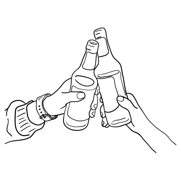 Hand von zwei Personen beim Anstoßen Flasche Bier Vektor Illustration Skizze Doodle Hand mit schwarzen Linien isoliert auf weißem Hintergrund gezeichnet — Stockvektor