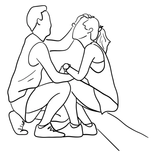 Hombre tocando a su amante con amor y cuidado vector ilustración bosquejo garabato mano dibujada con líneas negras aisladas sobre fondo blanco — Vector de stock