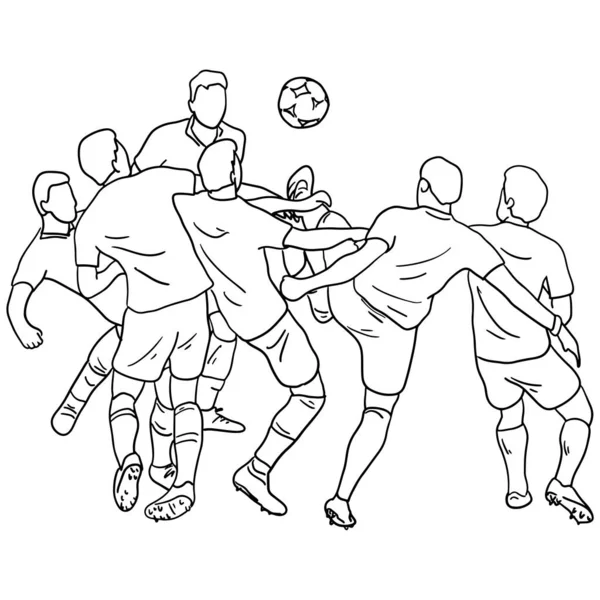 Seis jogadores de futebol masculino jogando futebol no vetor de campo ilustração esboço doodle mão desenhada com linhas pretas isoladas em fundo branco — Vetor de Stock