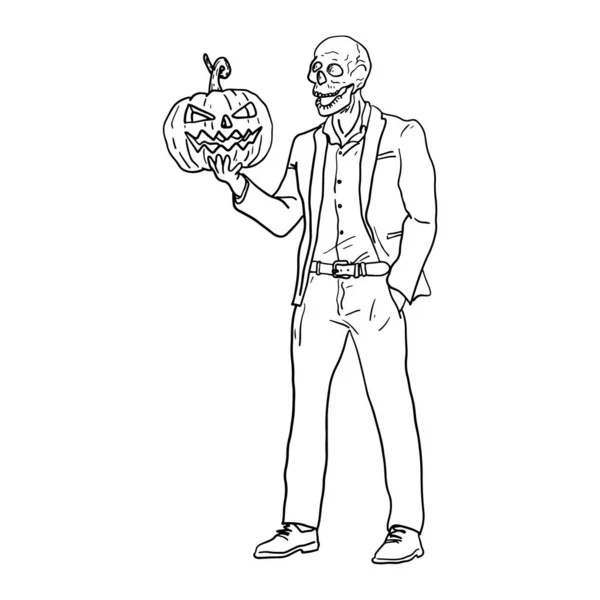Hombre de negocios con cráneo sosteniendo Halloween calabaza vector ilustración bosquejo garabato mano dibujado con líneas negras aisladas sobre fondo blanco — Vector de stock