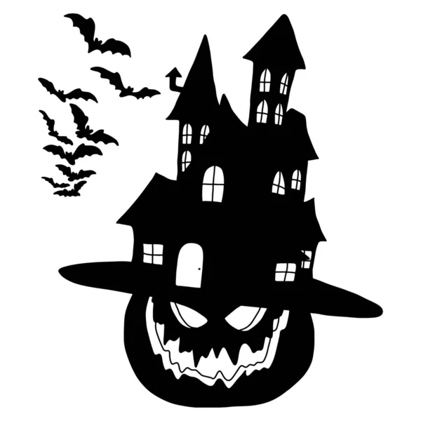 Silueta calabaza de Halloween con sombrero en forma de castillo vector ilustración bosquejo garabato mano dibujada con líneas negras aisladas sobre fondo blanco — Vector de stock