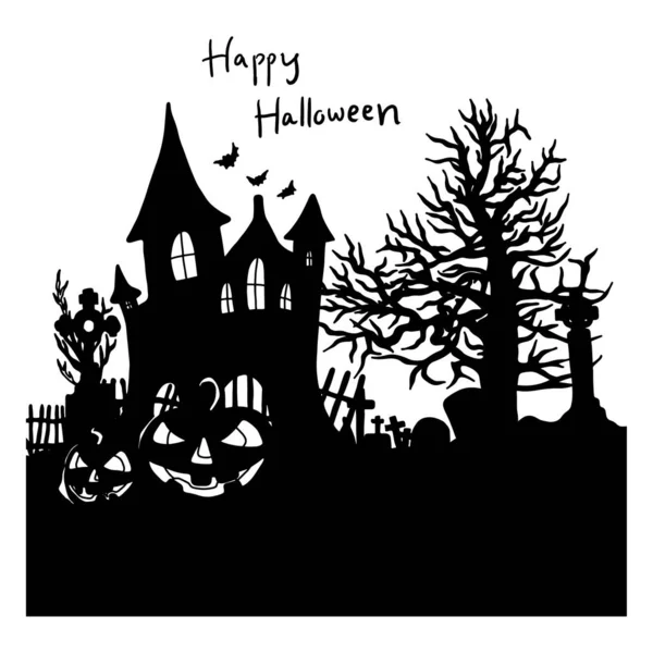 Latar belakang malam Halloween dengan gambar vektor kastil siluet gambar tangan corat-coret dengan garis hitam terisolasi. Digunakan untuk poster atau karya seni . - Stok Vektor
