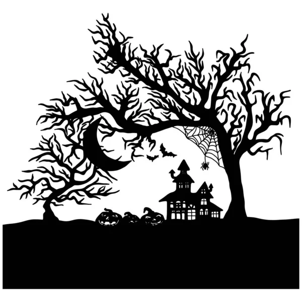 Halloween noc z creepy zamek wektor ilustracji rysunek ręcznie rysowane z czarnymi liniami na białym tle. Używanie plakatu lub dowolnych dzieł sztuki. — Wektor stockowy