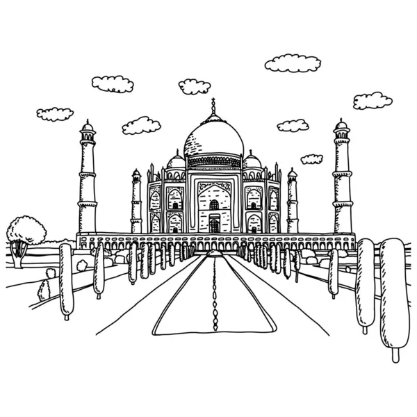 Taj mahal Wahrzeichen Vektor Illustration Skizze Doodle Hand mit schwarzen Linien isoliert auf weißem Hintergrund gezeichnet — Stockvektor