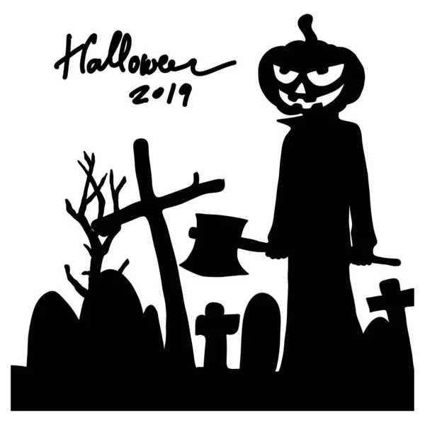 Halloween tök ember gazdaság fejsze a temetőben sziluett vektor illusztráció vázlat firka kéz húzott fekete vonalak elszigetelt fehér háttér — Stock Vector